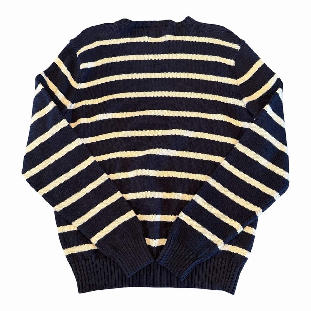 Vintag Polo Ralph Lauren Blue White Stipe Cotton Crew Neck Sweater Red Pony XL - Picture 3 of 3